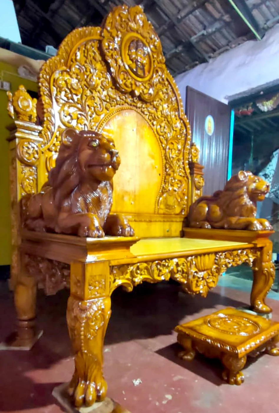 Wooden simhasana finished for temple installation, made in Sirsi