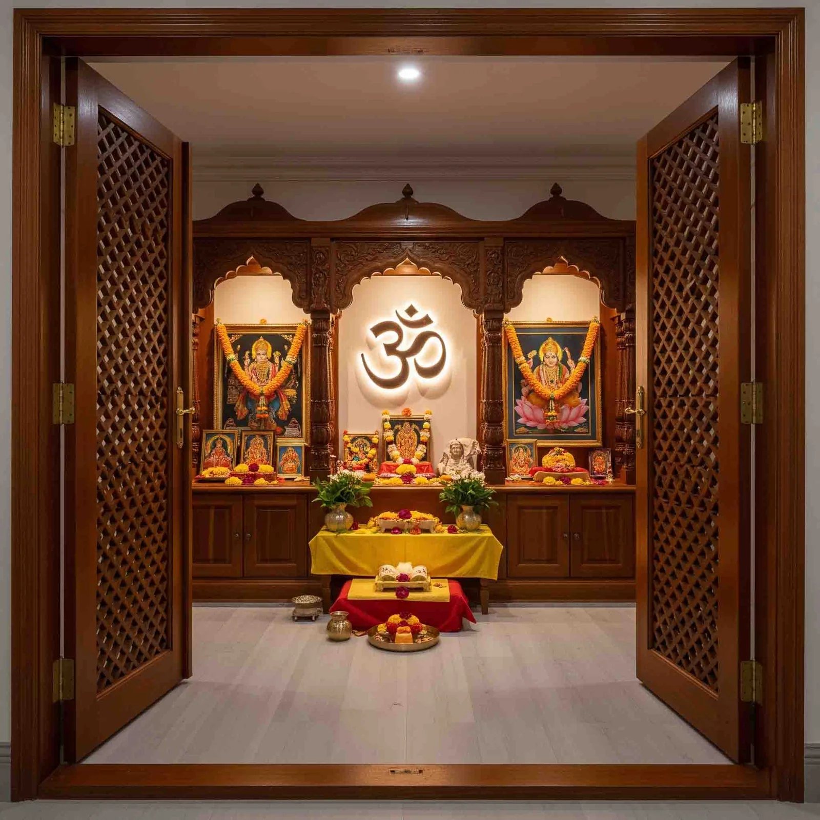 Pooja unit reference with carved top crown, lamp shelf and drawer base (reference 33)