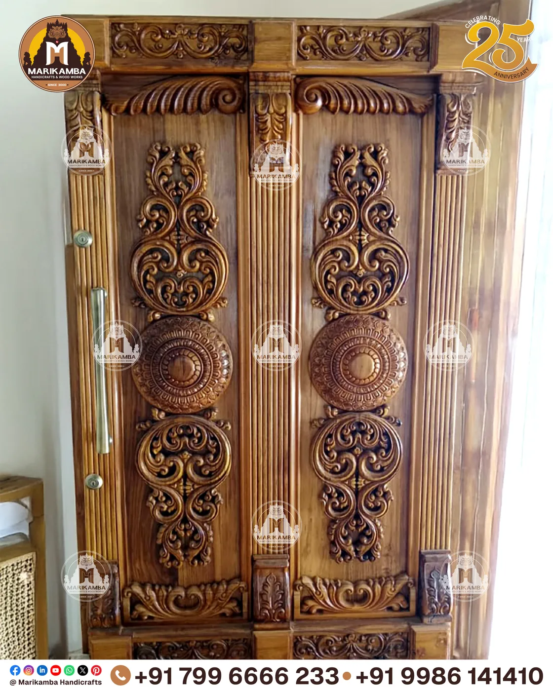 Solid timber door with deep hand-chiselled relief and a natural oiled finish — piece 38 of the collection