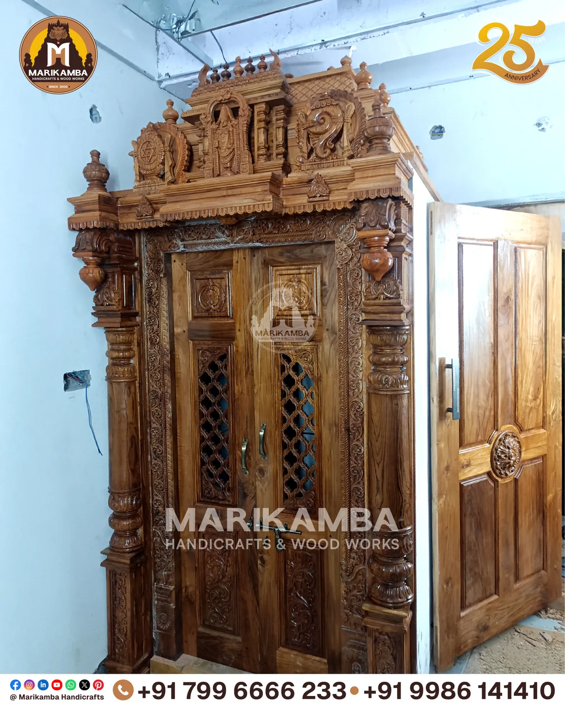 Carved wall panel with deity and floral motifs for a home prayer space
