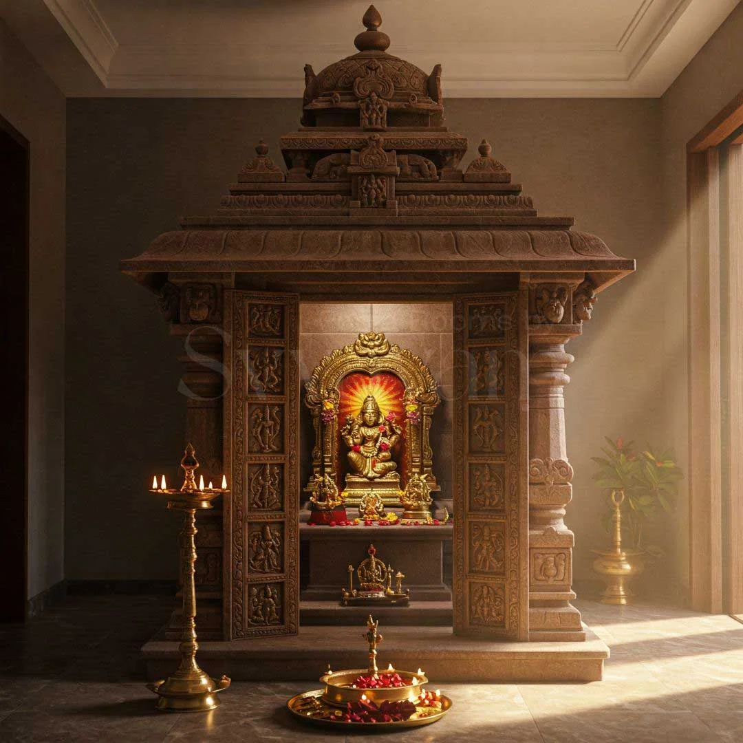 Pooja unit reference with carved top crown, lamp shelf and drawer base