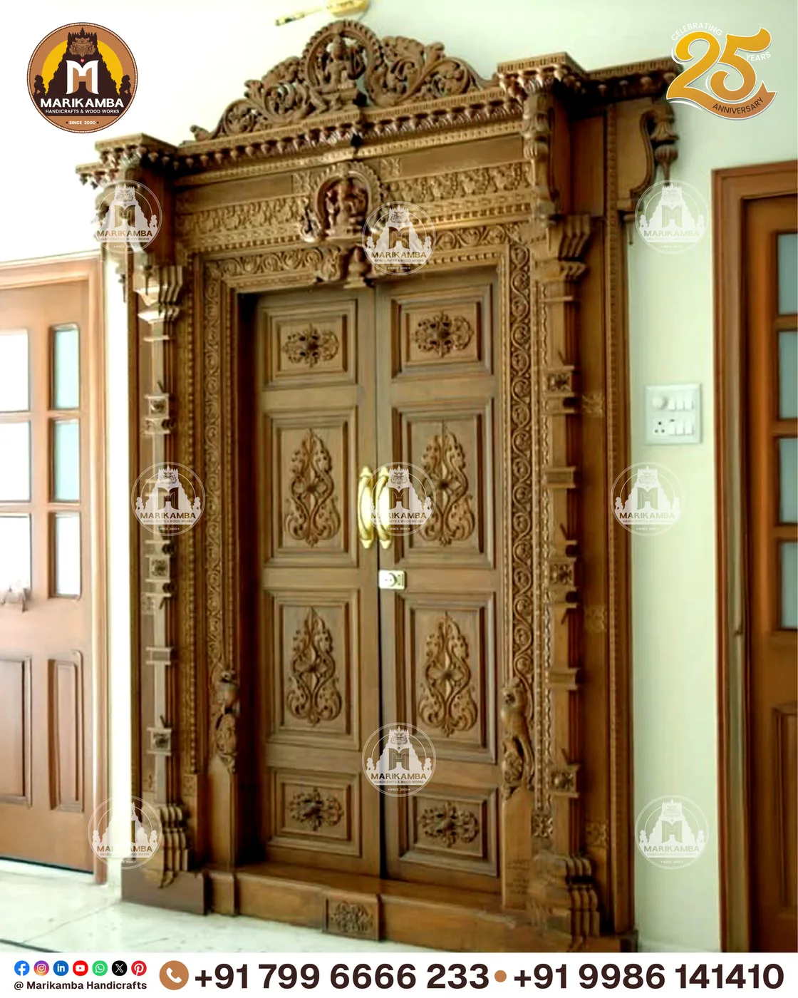 Solid timber door with deep hand-chiselled relief and a natural oiled finish — piece 68 of the collection