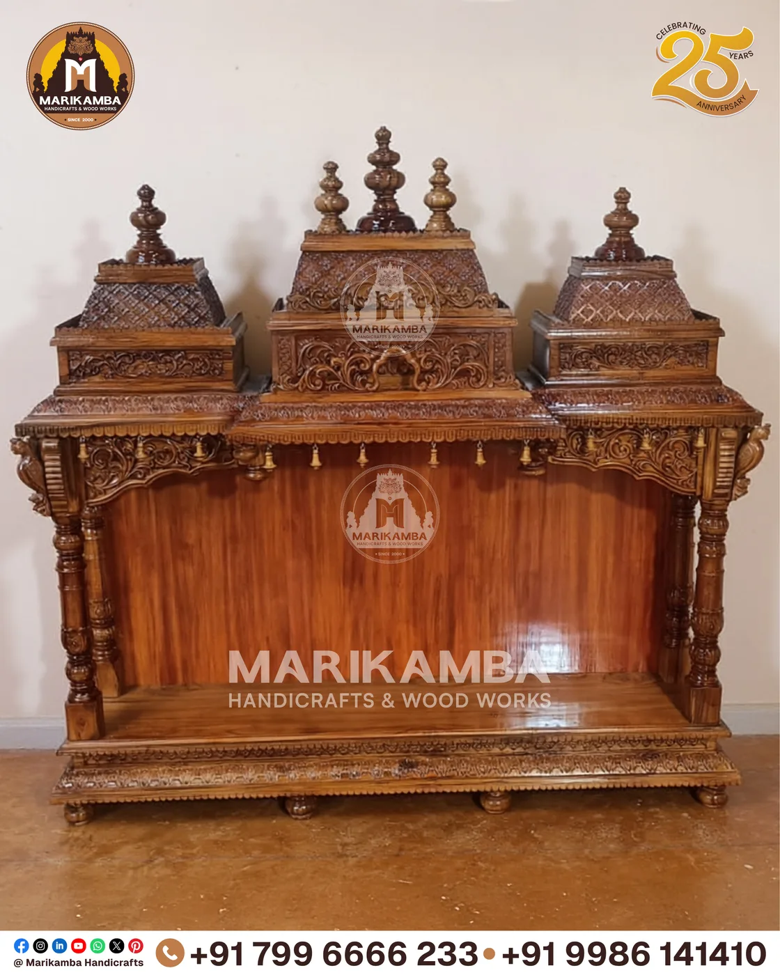 Carved teak pooja mandira finished in a warm natural sheen, ready for installation — piece 40 of the collection