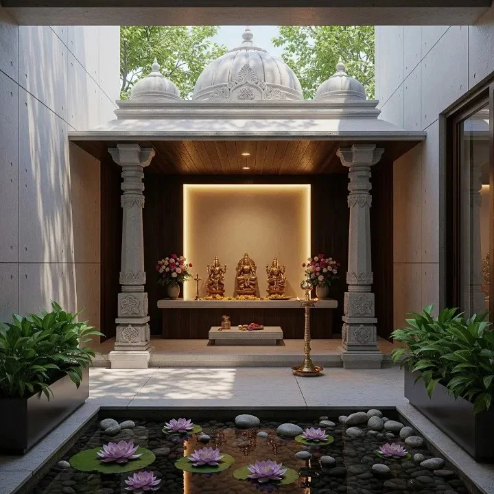 Inner courtyard design with wooden columns, brackets and an open skylight (reference 05)
