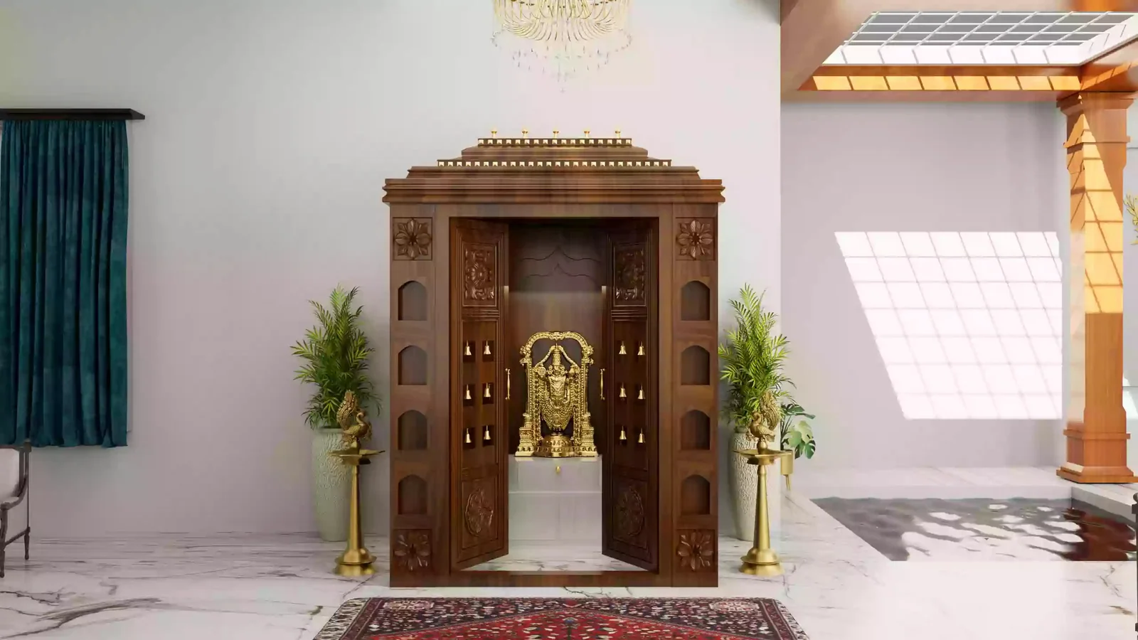 Walk-in prayer unit reference with carved jaali doors and a lit deity niche