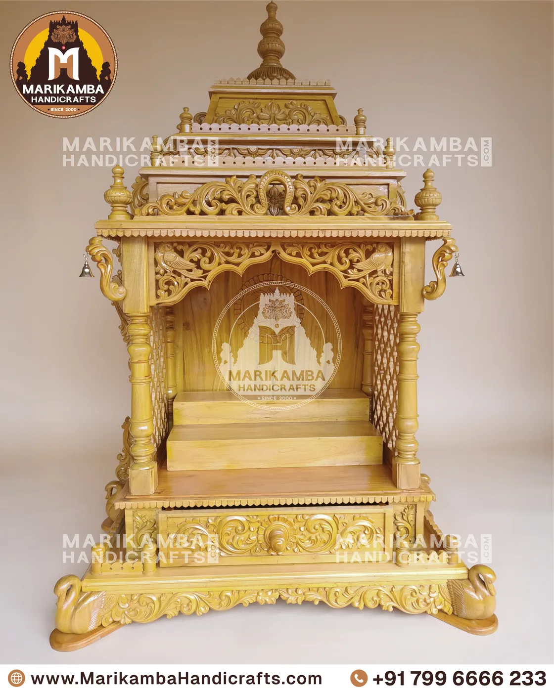 Teakwood pooja mandira with a carved gopuram crown, handmade at the Marikamba atelier in Sirsi — piece 121 of the collection