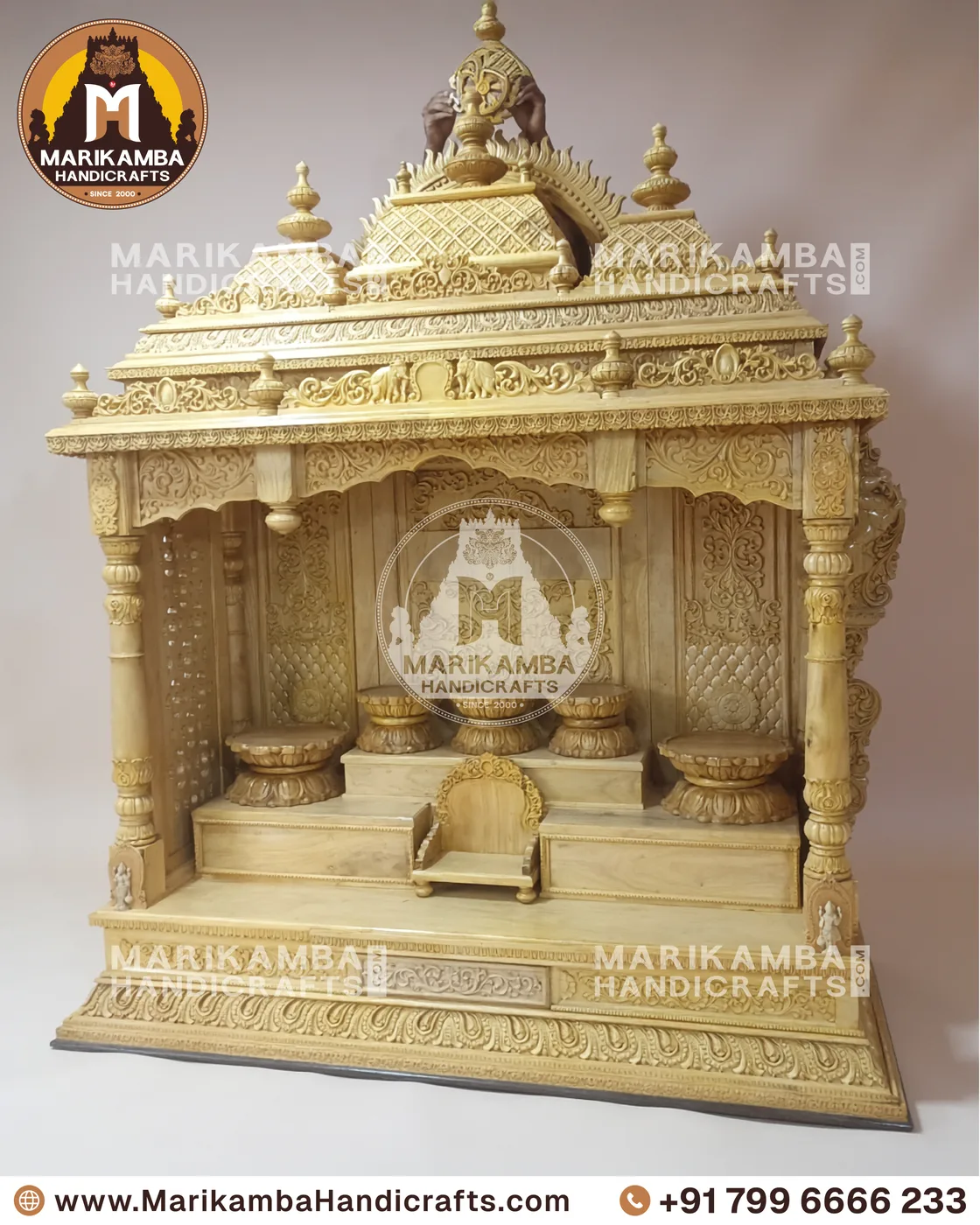 Carved pooja mantapa with layered temple-tower roof and floral panelling — piece 103 of the collection