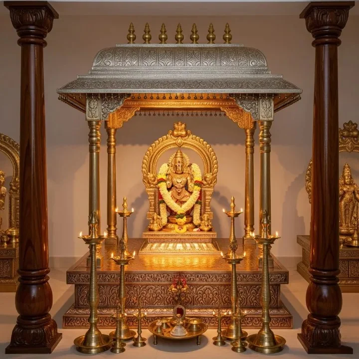 Temple-style mandap design with turned pillars and a gopuram-style roof (reference 09)