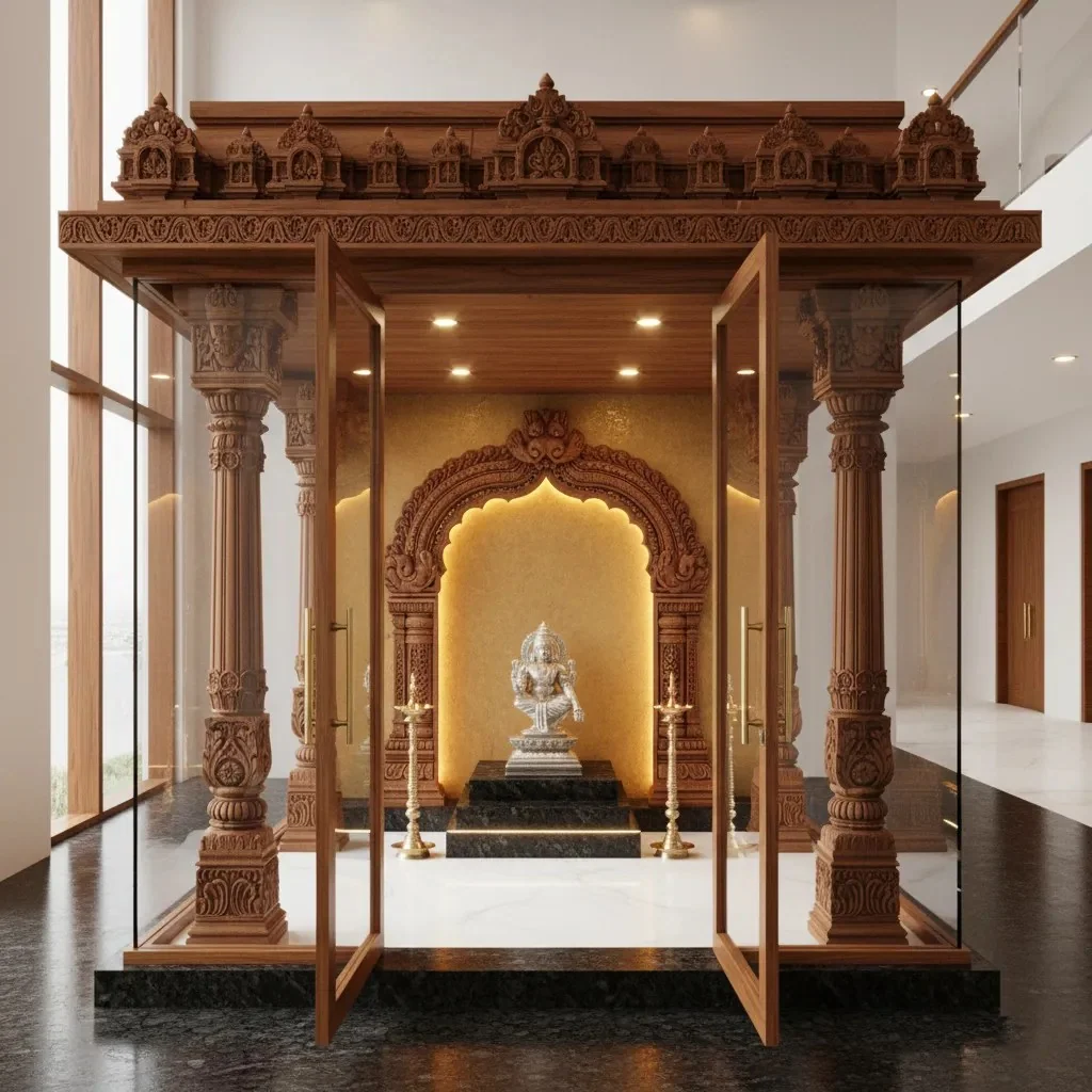 Walk-in prayer unit reference with carved jaali doors and a lit deity niche (reference 11)