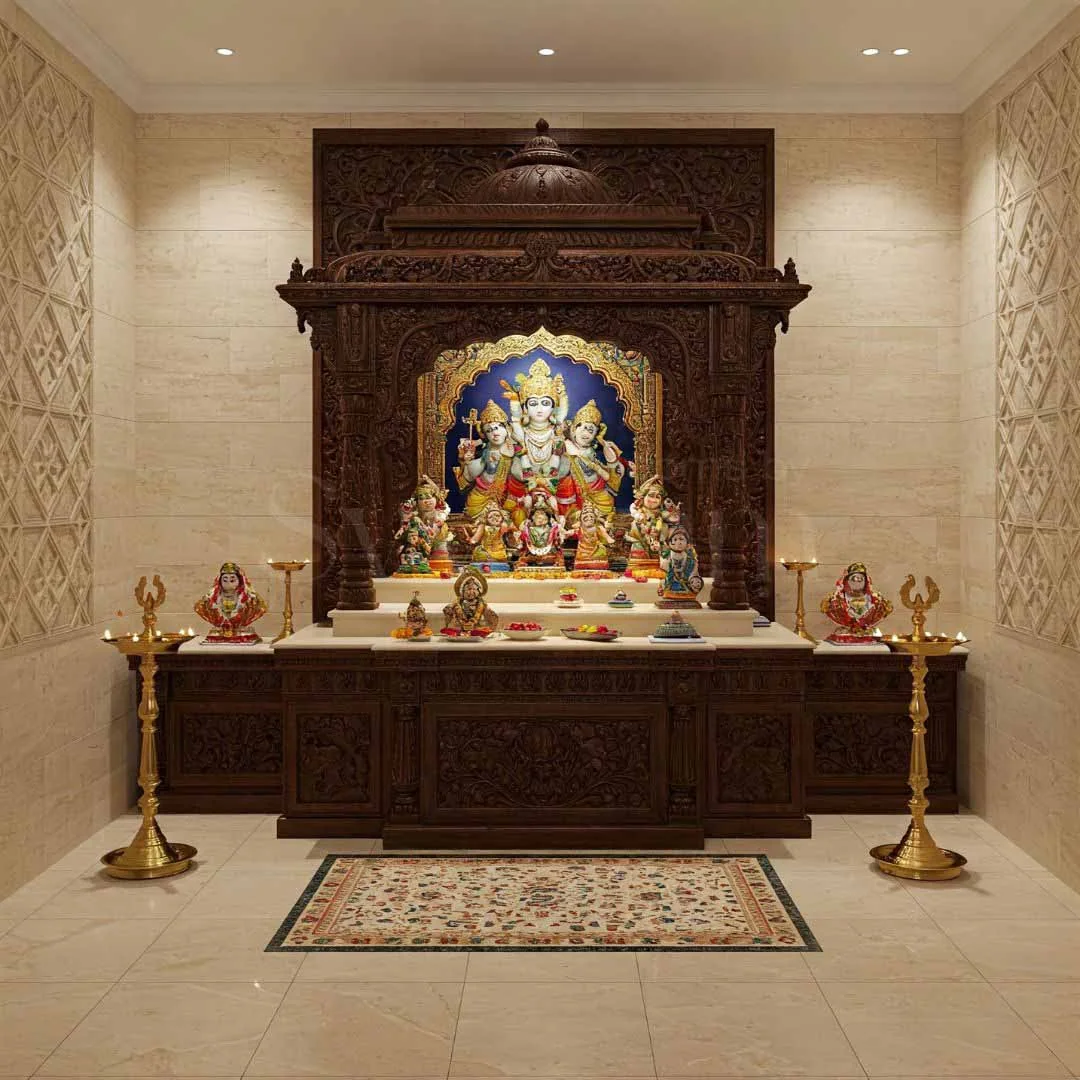 Pooja unit reference with carved top crown, lamp shelf and drawer base (reference 27)