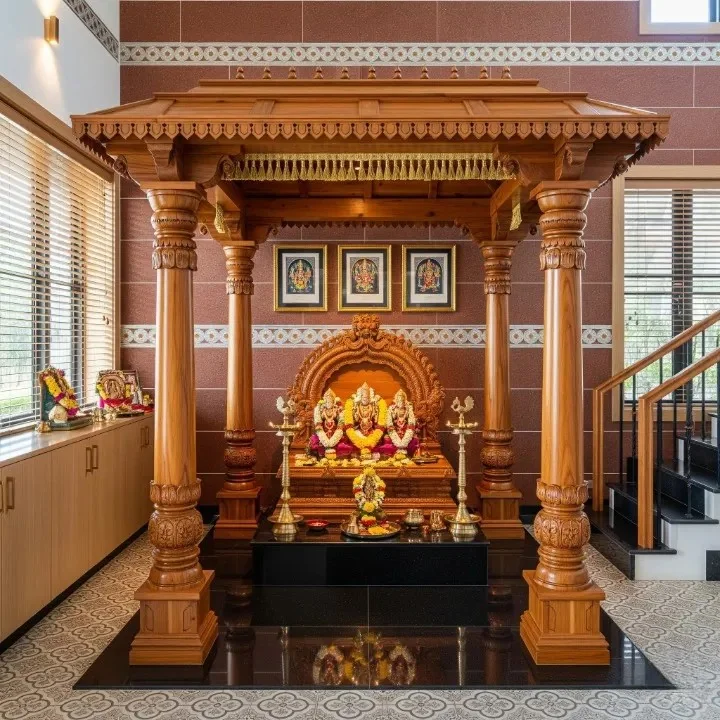Courtyard seating area framed by carved wooden pillars and railings (reference 12)