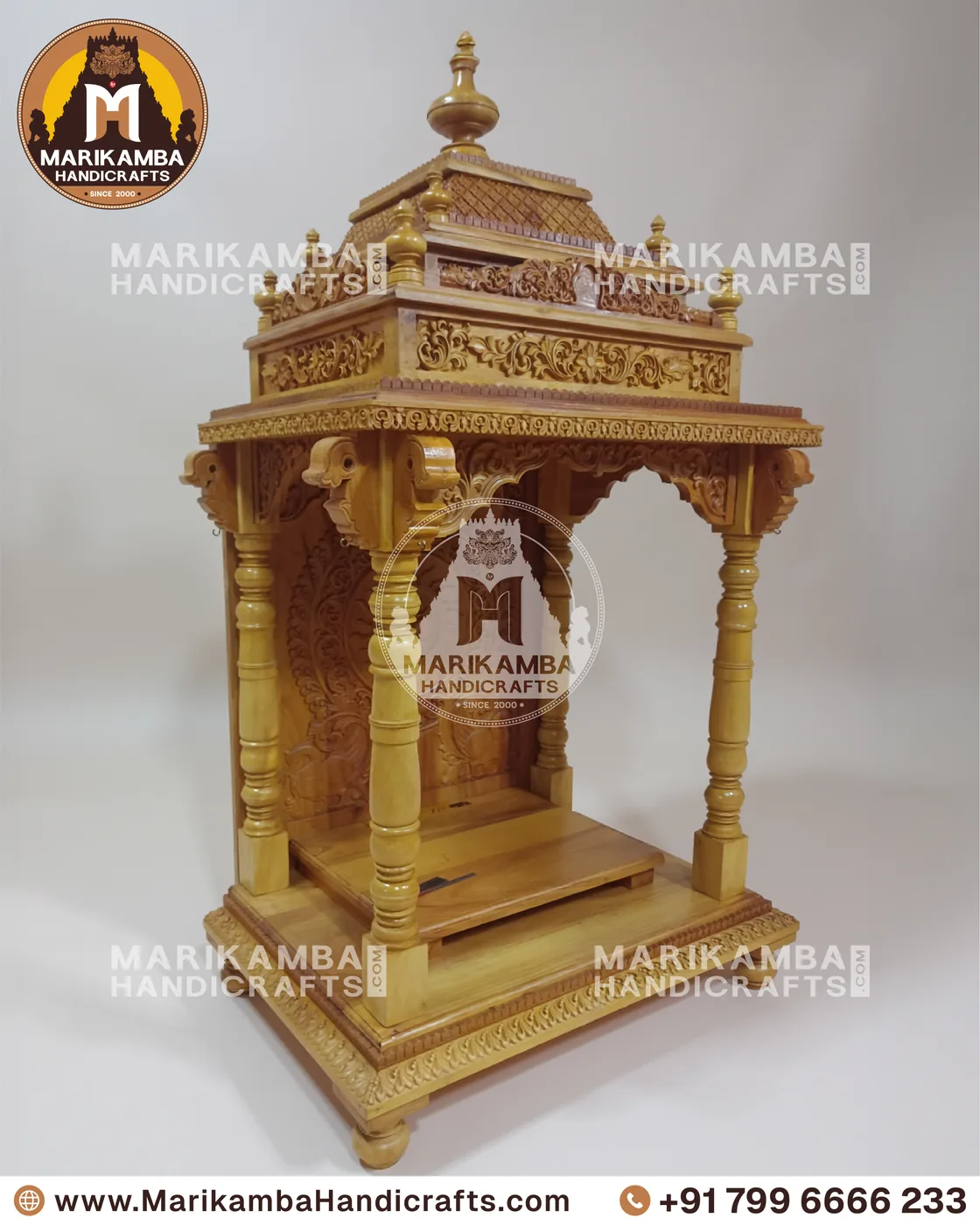 Teakwood pooja mandira with a carved gopuram crown, handmade at the Marikamba atelier in Sirsi — piece 71 of the collection