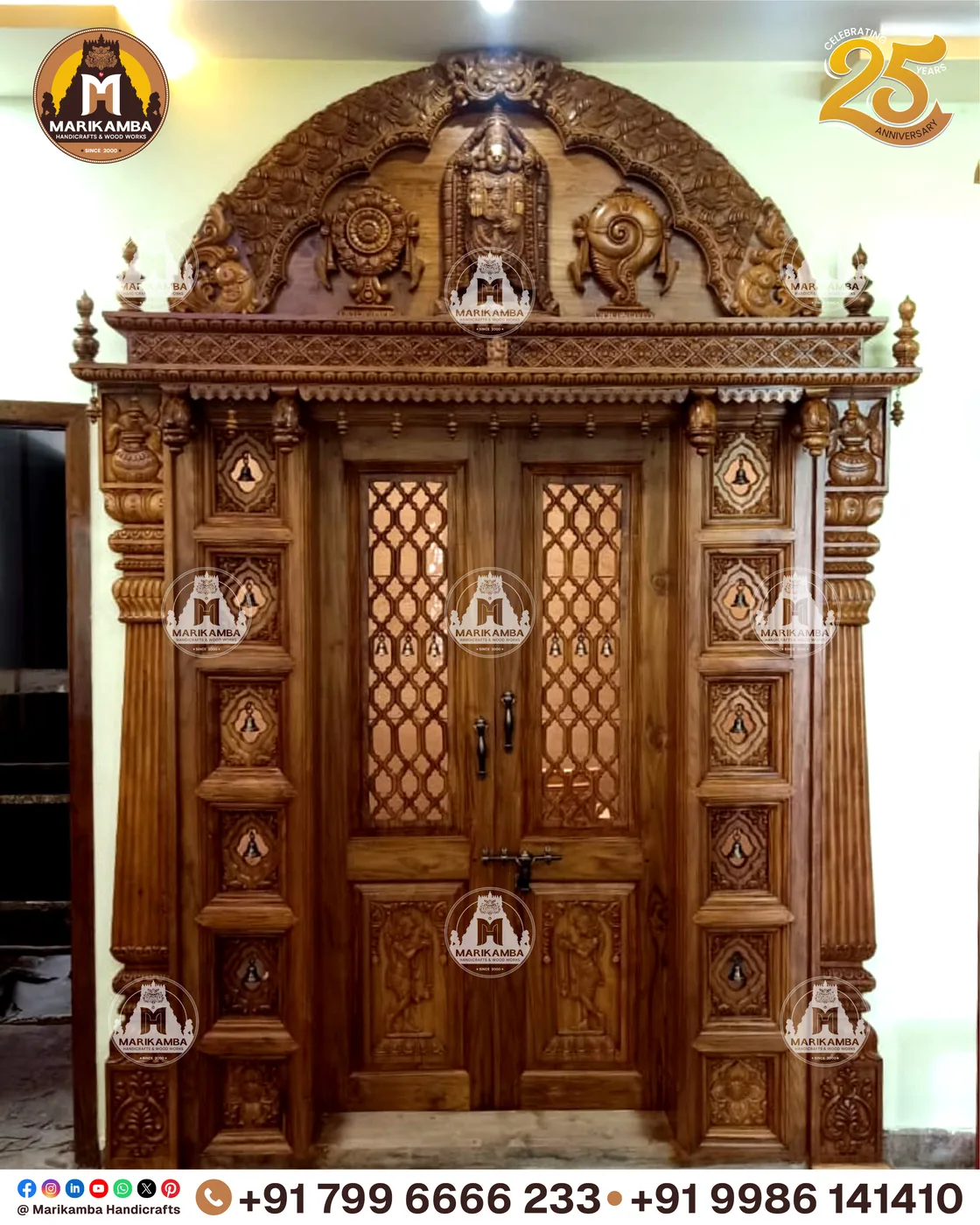 Entrance door and frame set, carved and finished at the Marikamba workshop — piece 49 of the collection