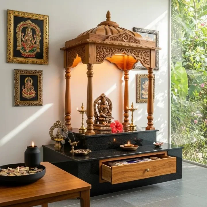 Pooja mandap reference showing a carved canopy over the deity platform (reference 23)