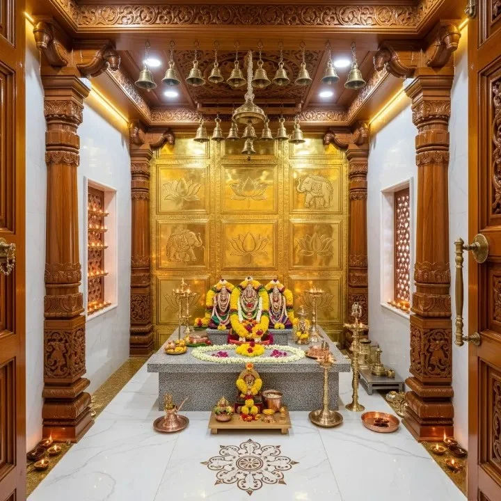 Complete prayer room reference with wooden mandap, jaali doors and lamp niches (reference 17)