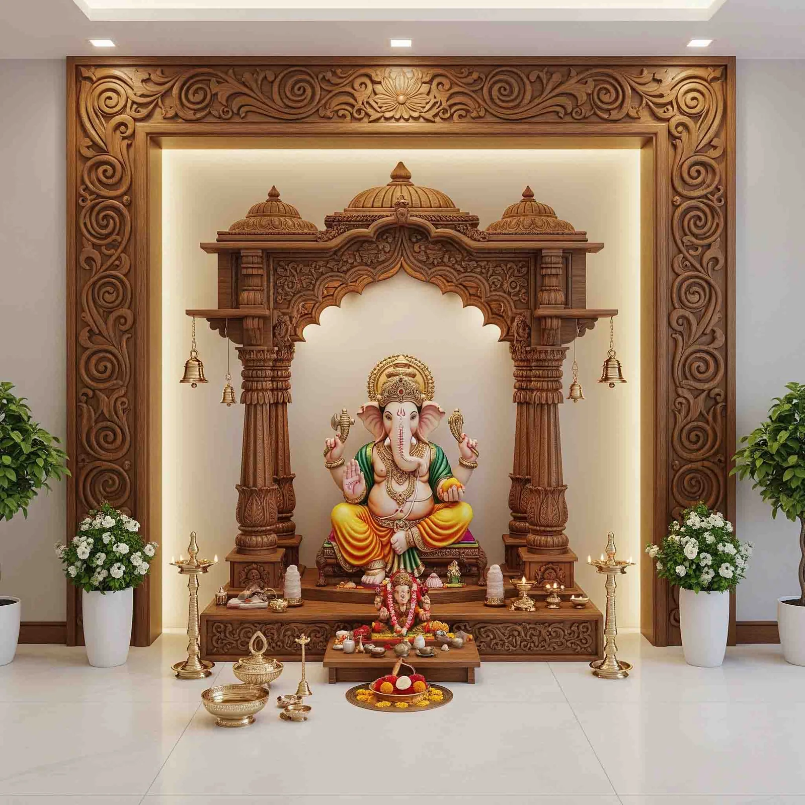 Carved wooden pooja unit design reference with panelled doors and a deity niche (reference 31)