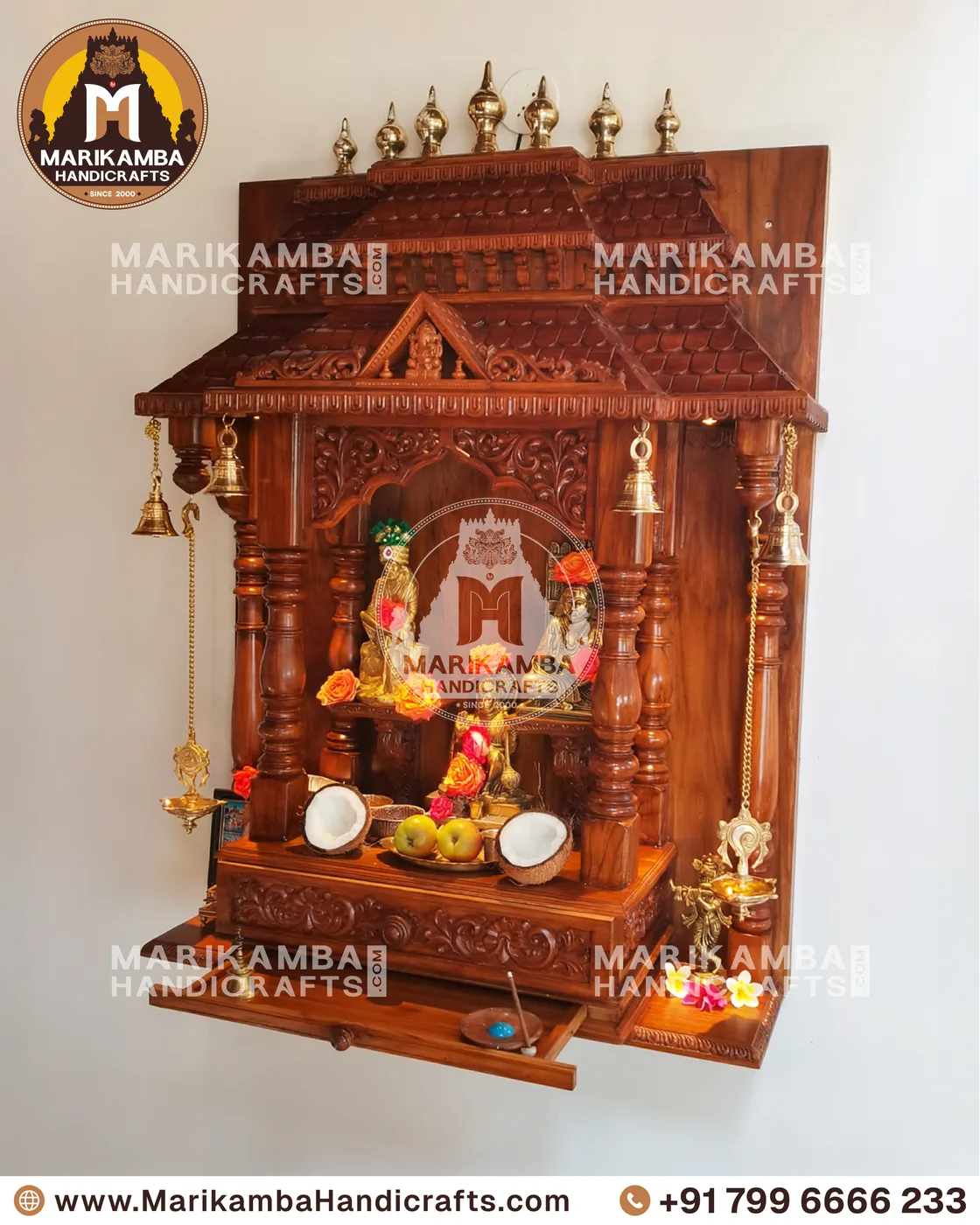 Temple-style wooden mantapa with pilasters, brackets and hand-chiselled detailing — piece 67 of the collection
