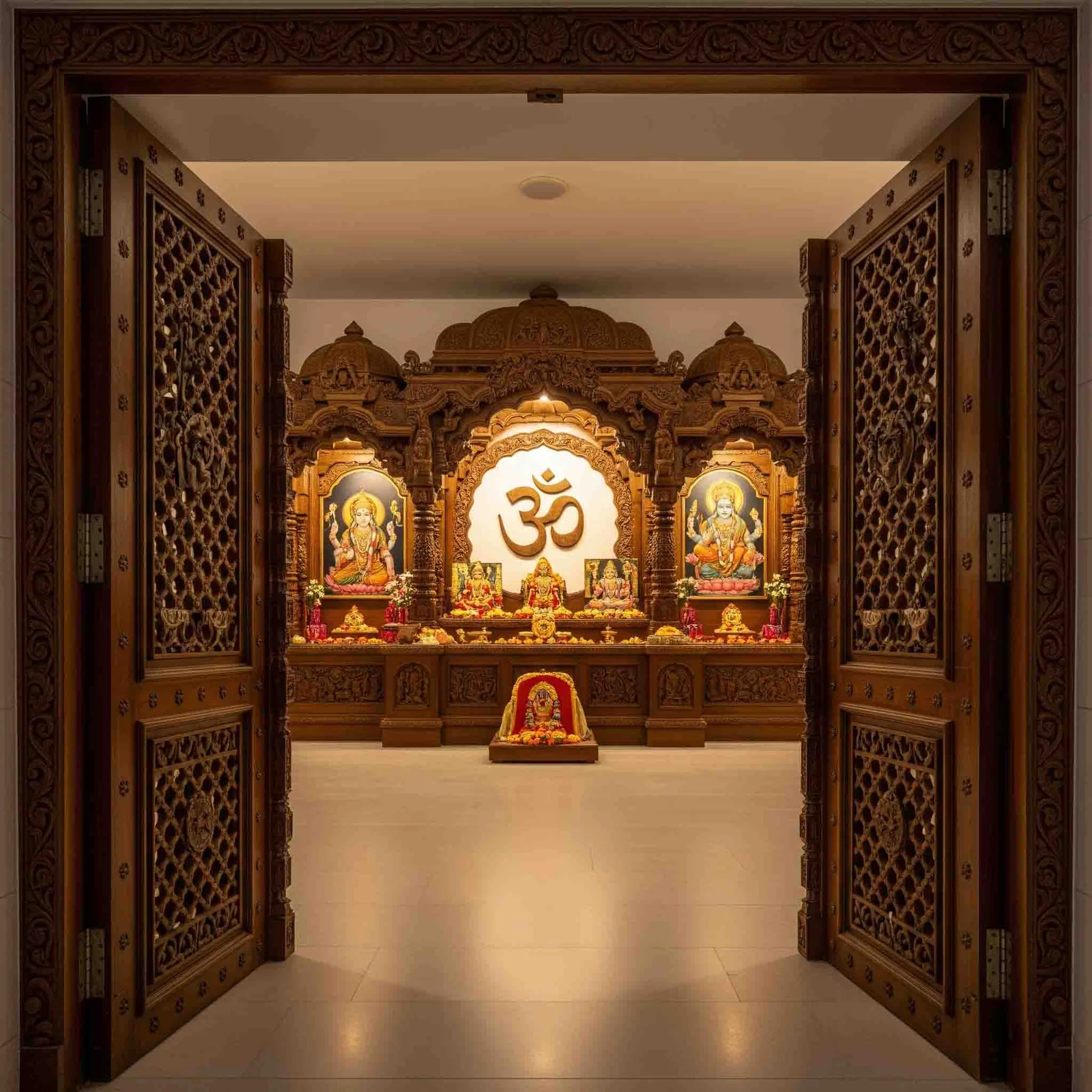 Pooja unit reference with carved top crown, lamp shelf and drawer base (reference 30)