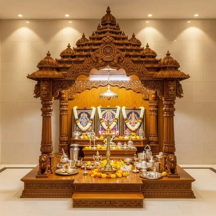 Carved wooden mandap design reference with pillars, arch and tiered crown (reference 10)