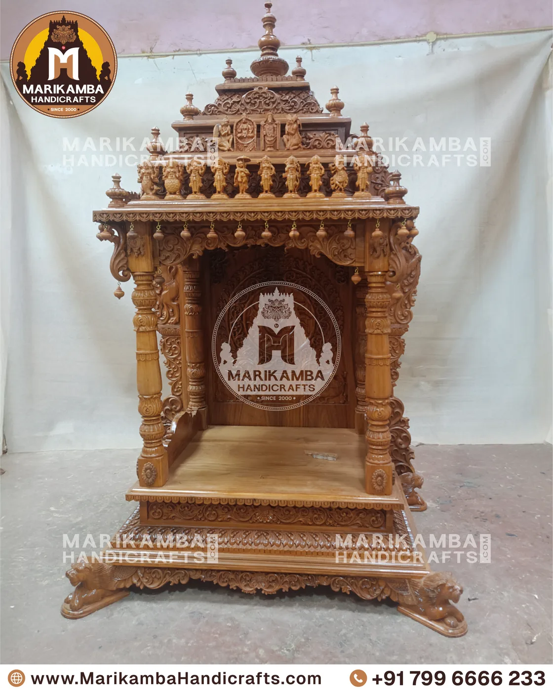 Full-height wooden mandir with stepped tower, side jaali panels and storage base — piece 79 of the collection