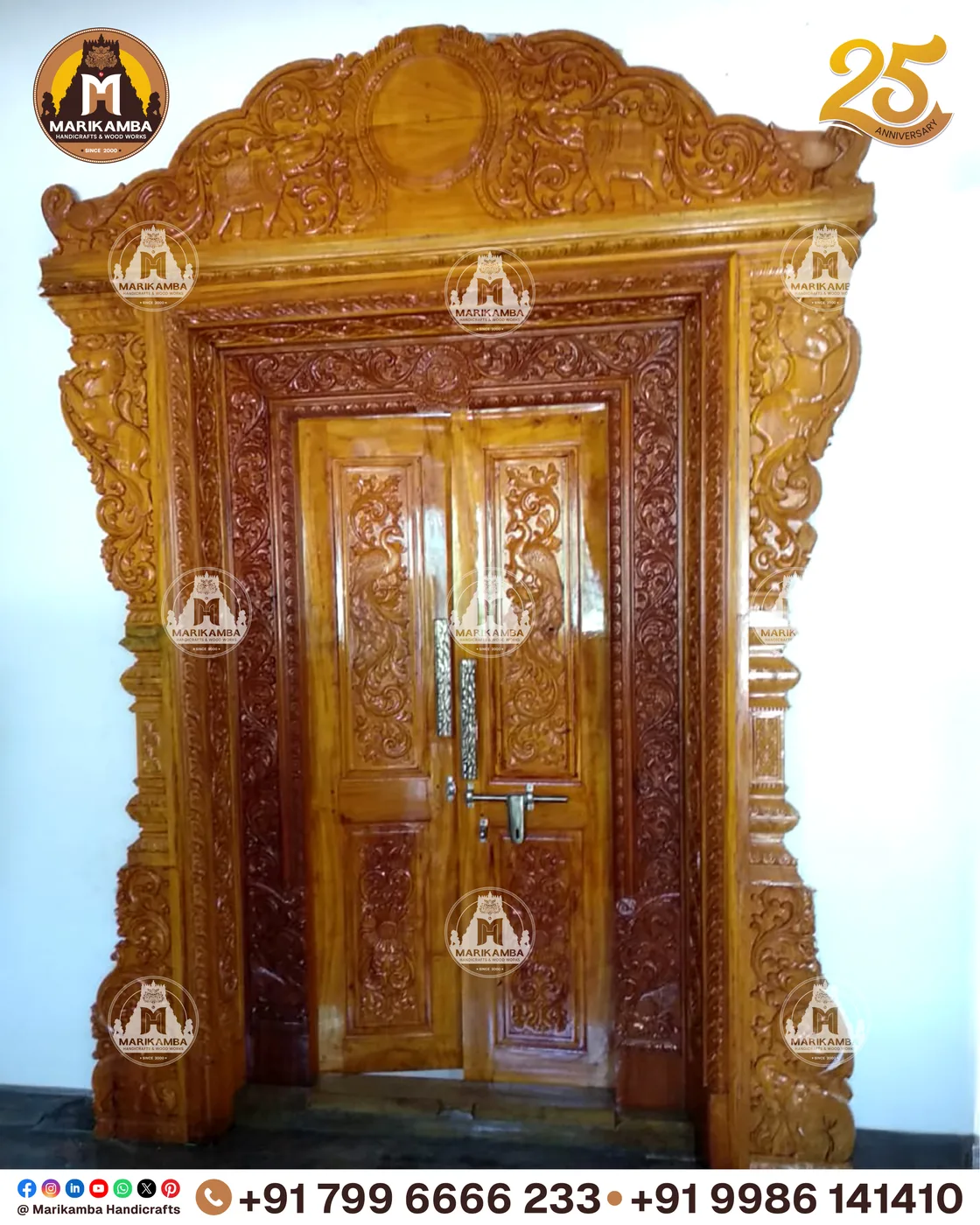 Wooden home entrance door with carved panels and a decorated lintel — piece 72 of the collection