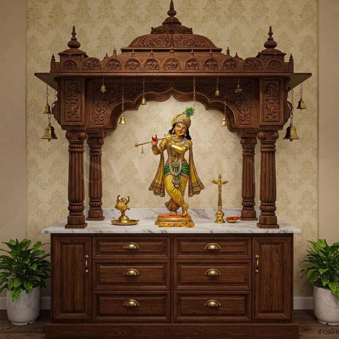 Wooden mandir design reference showing carved pillars, arch and base storage (reference 17)