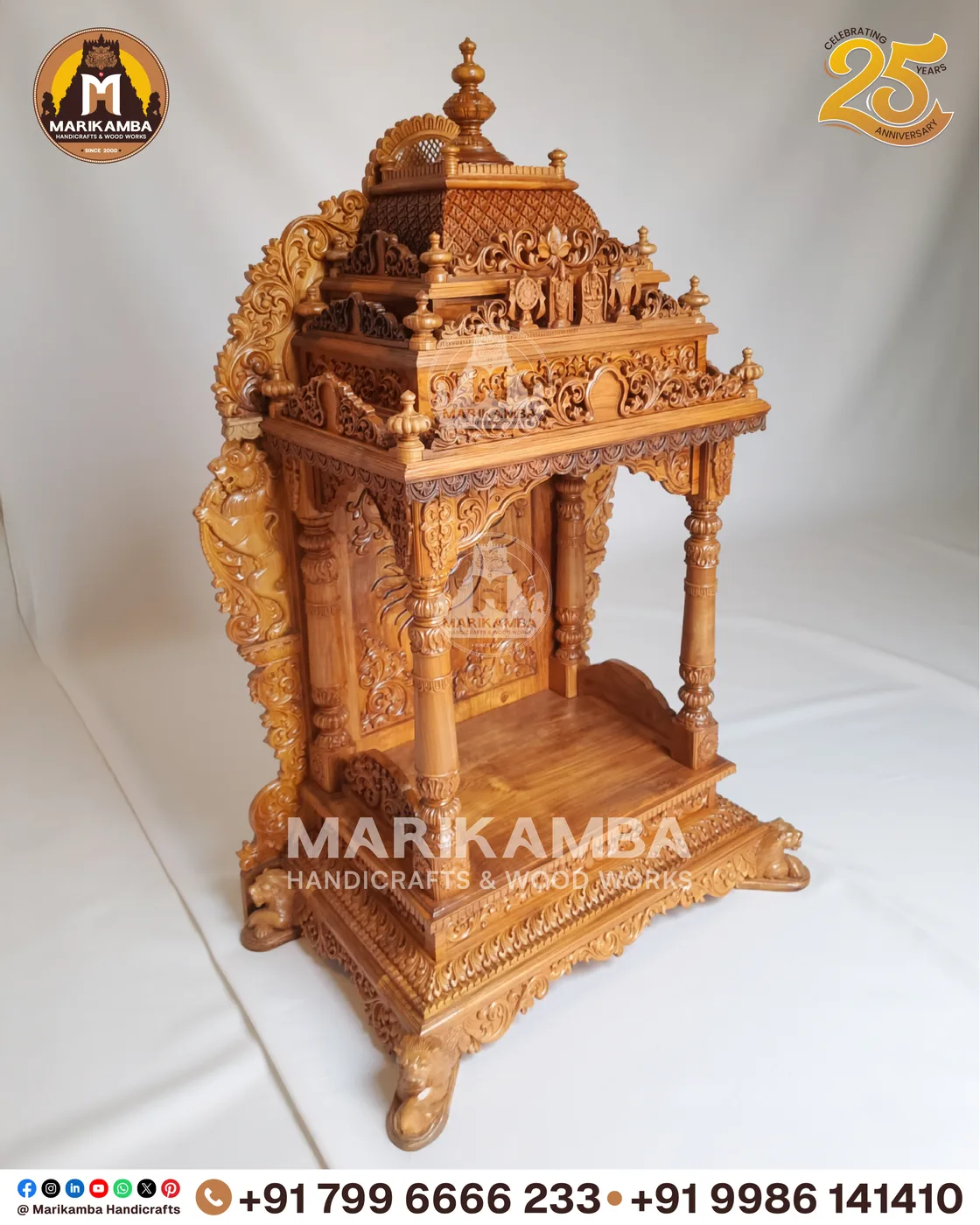 Teakwood pooja mandira with a carved gopuram crown, handmade at the Marikamba atelier in Sirsi — piece 51 of the collection