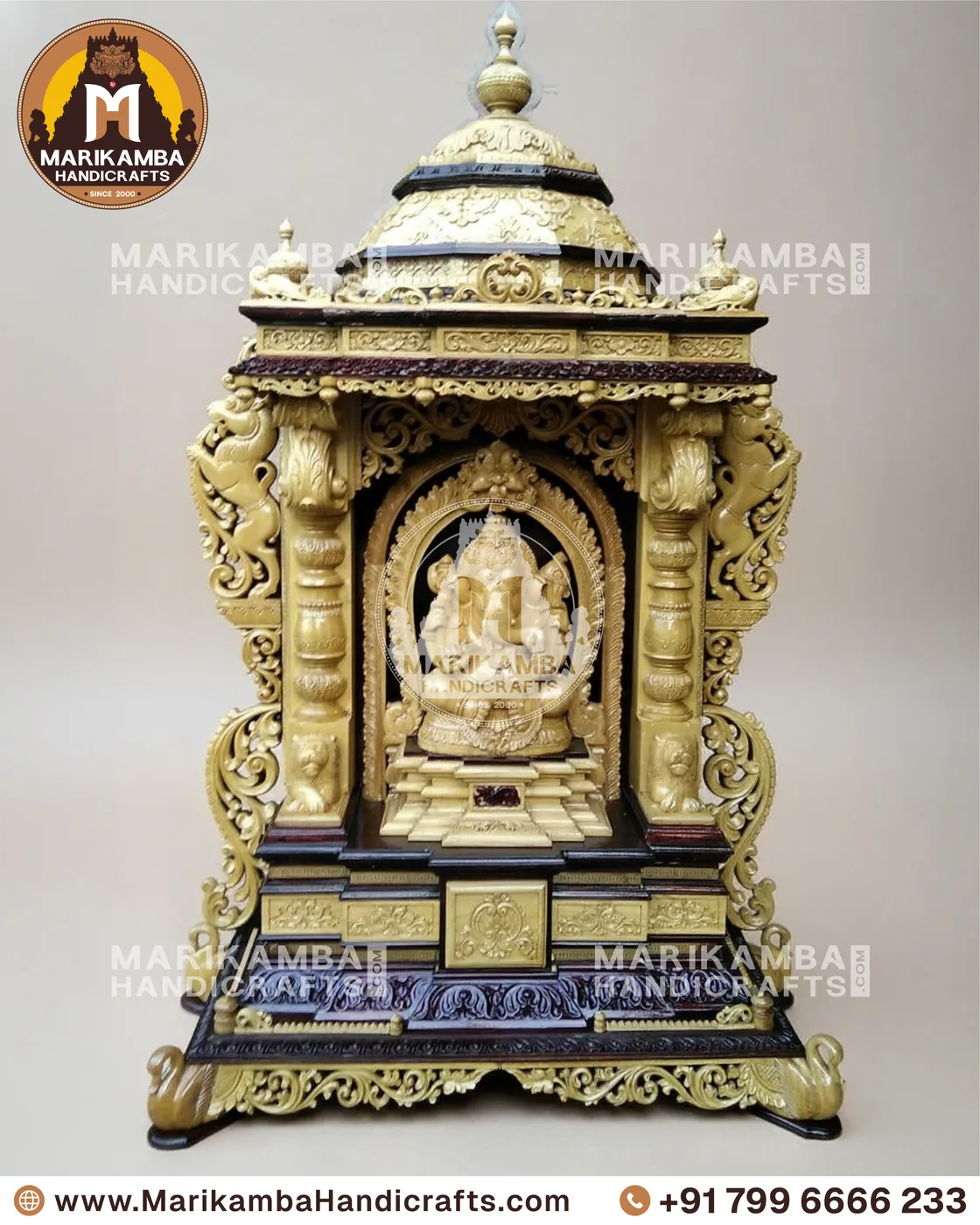 Pooja mandira front elevation showing carved side panels and a raised deity platform — piece 105 of the collection