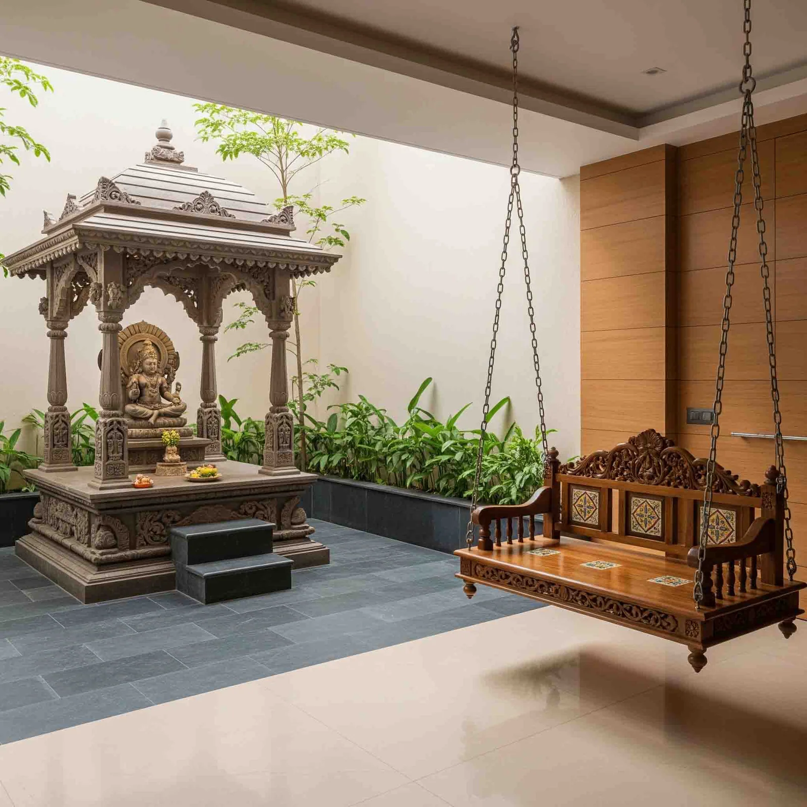Pooja unit reference with carved top crown, lamp shelf and drawer base (reference 39)
