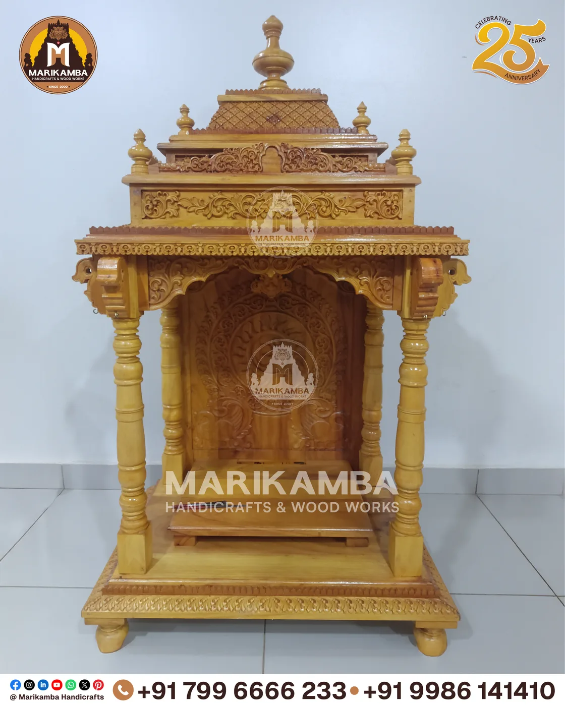 Traditional wooden mandir for the home, with kalasha finials and deep relief carving — piece 44 of the collection
