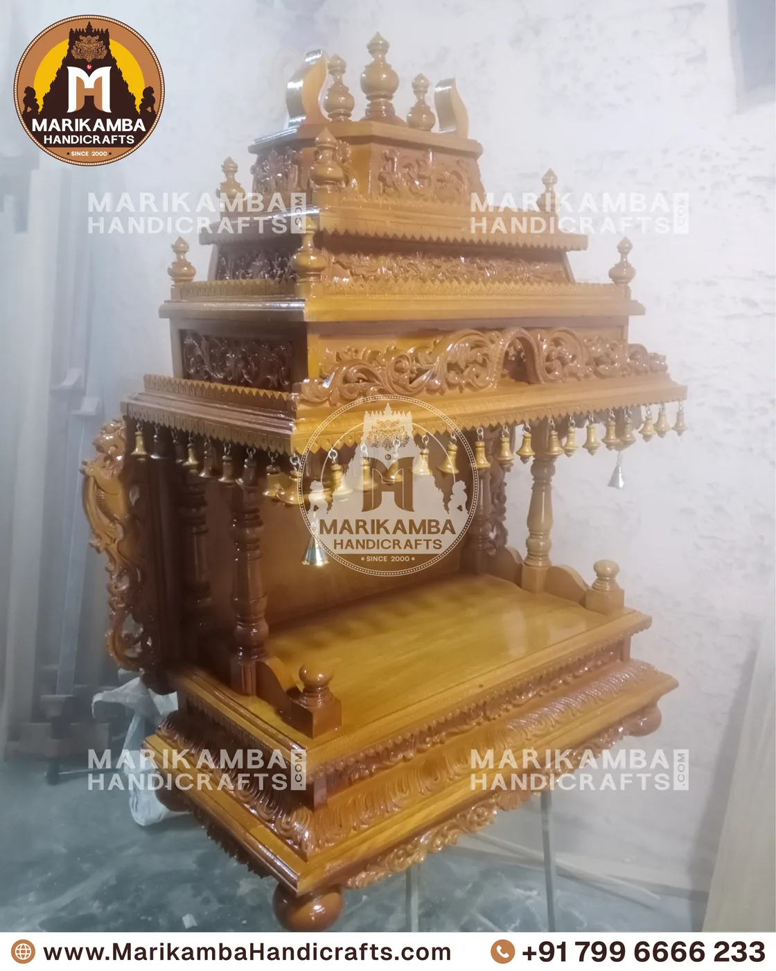 Carved pooja mantapa with layered temple-tower roof and floral panelling — piece 93 of the collection