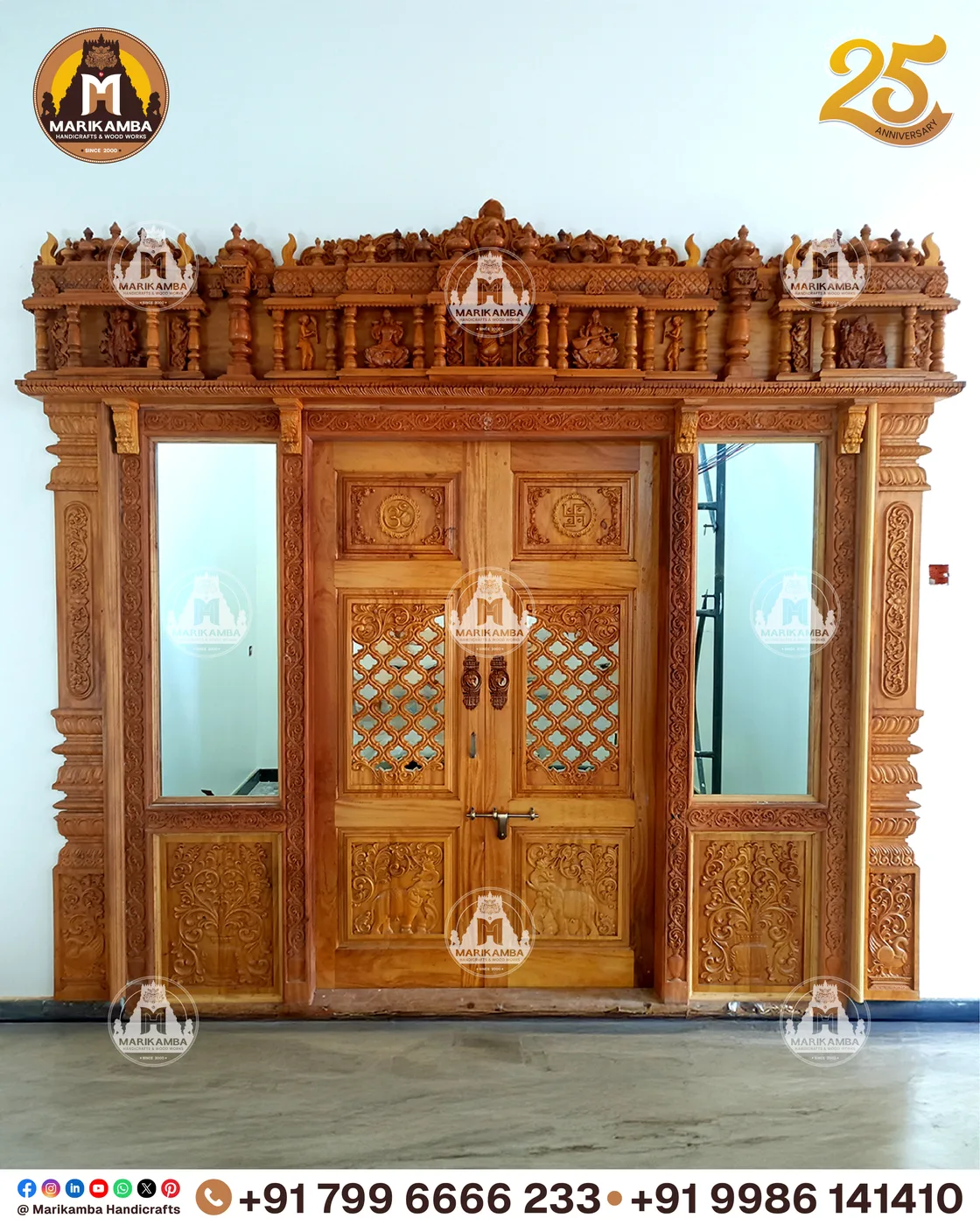 Double-leaf carved door with deity relief panels and brass-fitted joinery