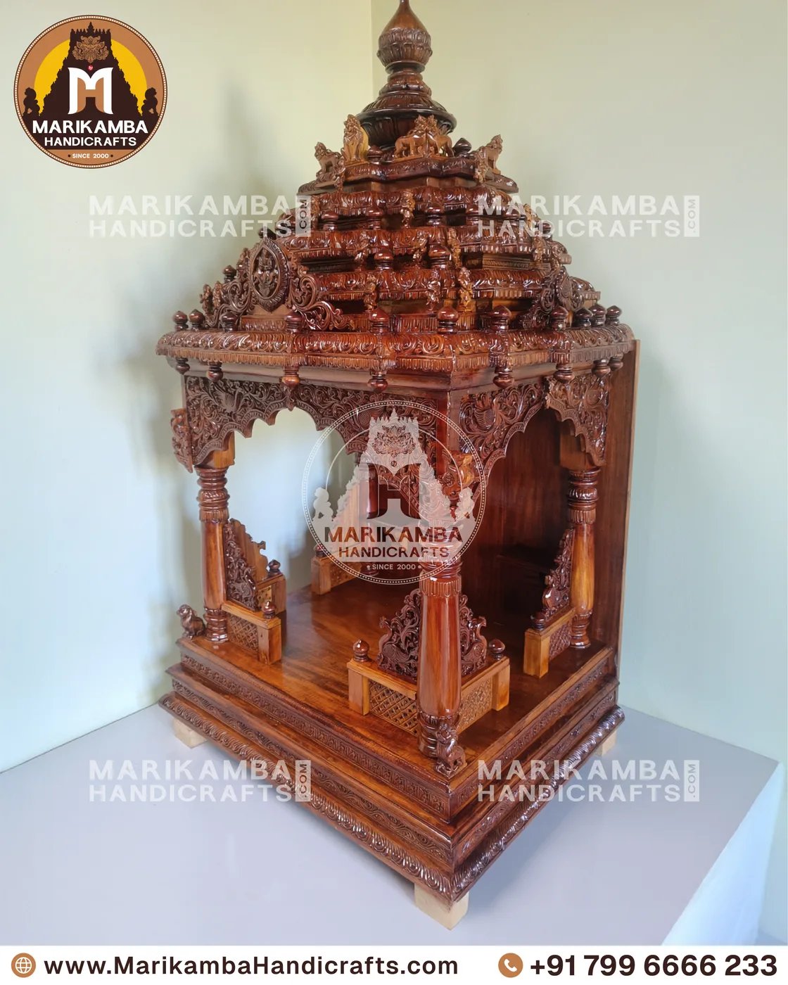 Temple-style wooden mantapa with pilasters, brackets and hand-chiselled detailing — piece 107 of the collection