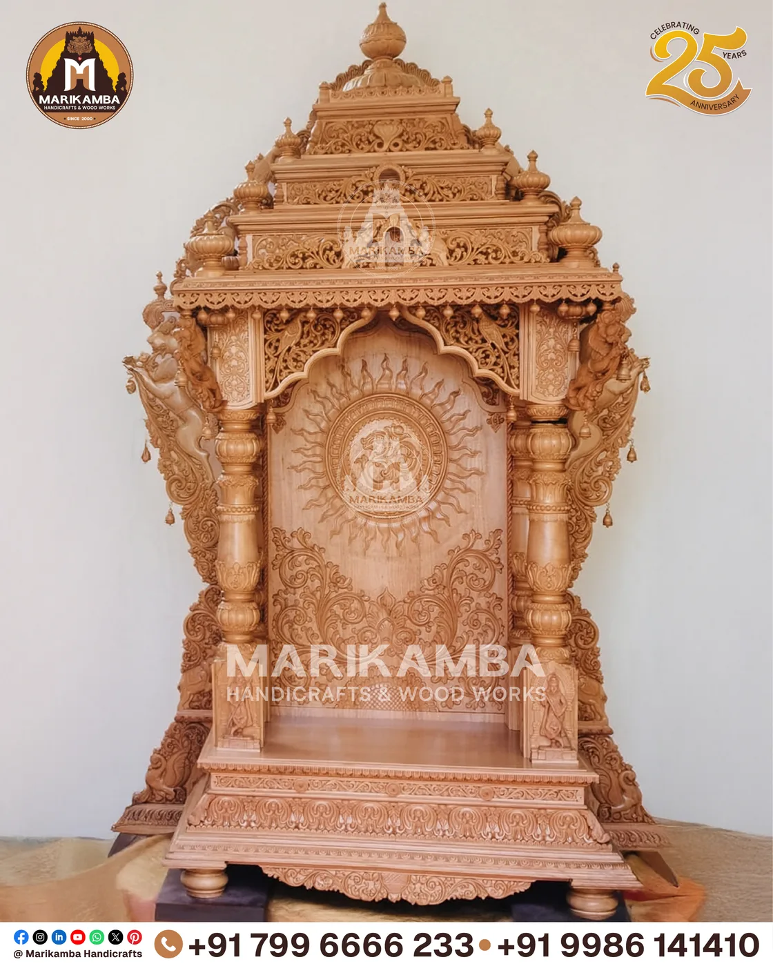 Teakwood pooja mandira with a carved gopuram crown, handmade at the Marikamba atelier in Sirsi — piece 31 of the collection