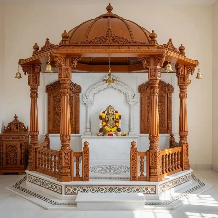 Carved wooden mandap design reference with pillars, arch and tiered crown (reference 28)