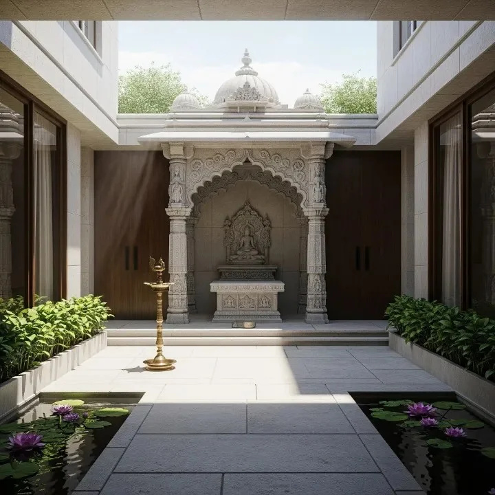 Traditional Indian courtyard reference with carved timber pillars and sloping roof