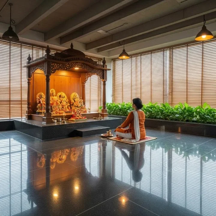 Traditional Indian courtyard reference with carved timber pillars and sloping roof (reference 22)