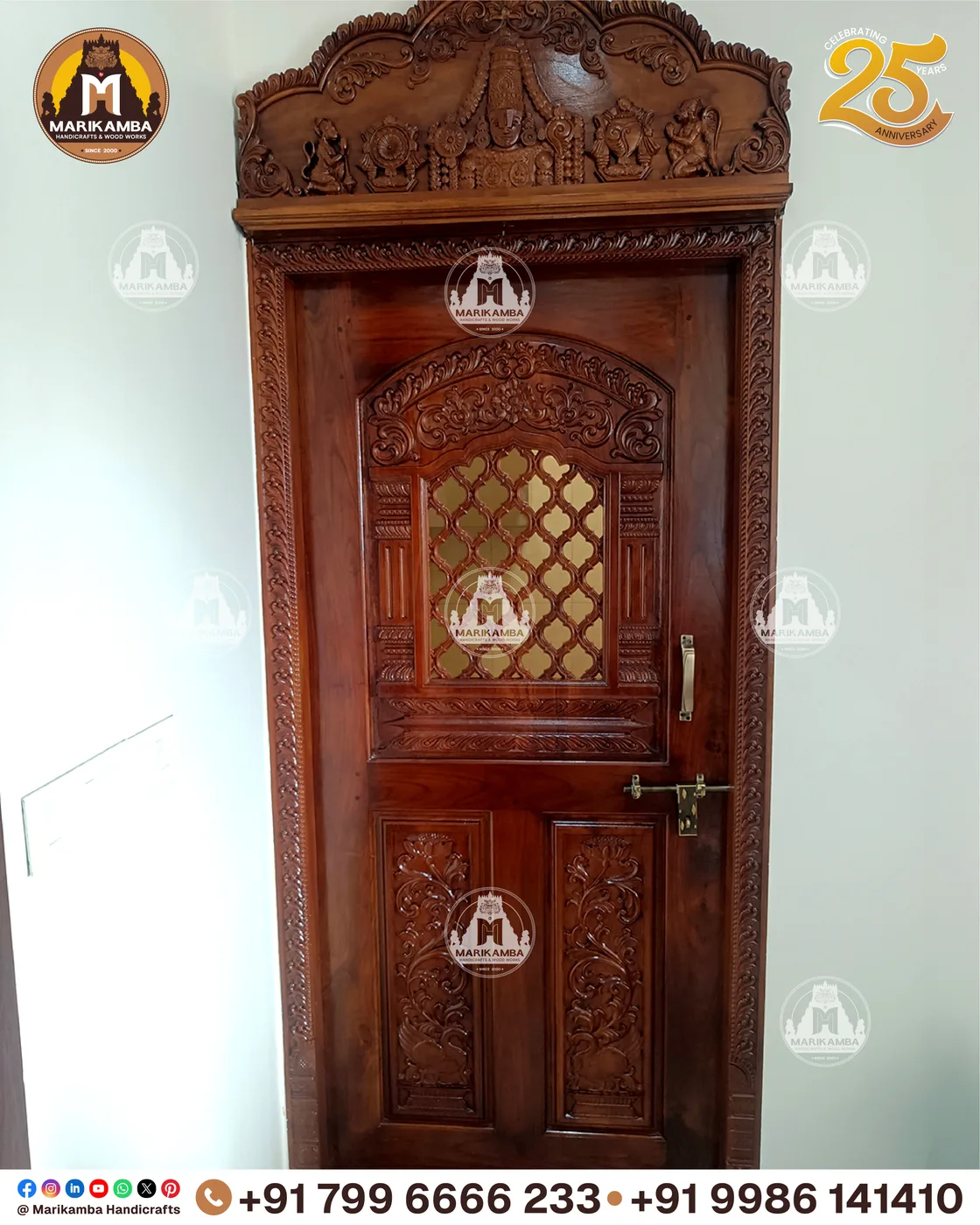 Carved teakwood temple door with figures, lotus bands and heavy frame, made in Sirsi — piece 51 of the collection