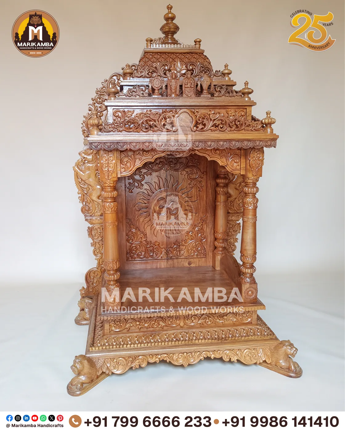 Carved teak pooja mandira finished in a warm natural sheen, ready for installation — piece 50 of the collection