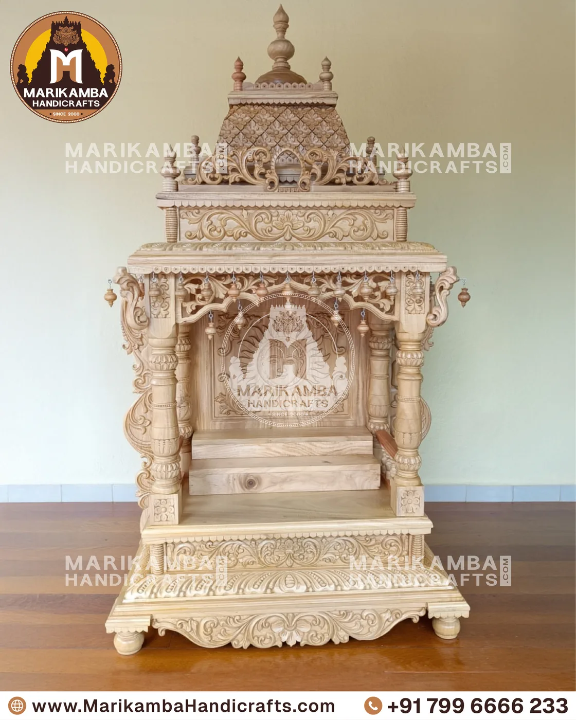 Pooja mandira front elevation showing carved side panels and a raised deity platform — piece 125 of the collection