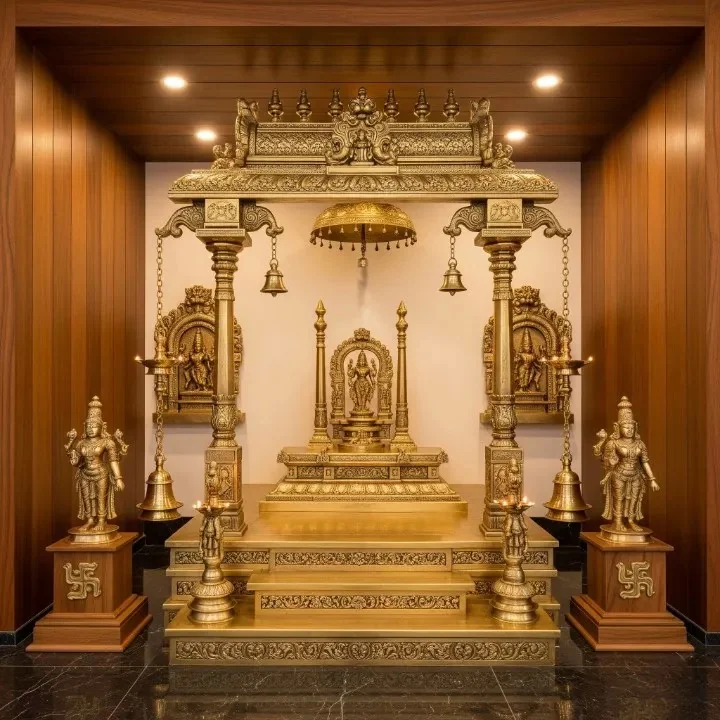 Carved wooden mandap design reference with pillars, arch and tiered crown (reference 13)