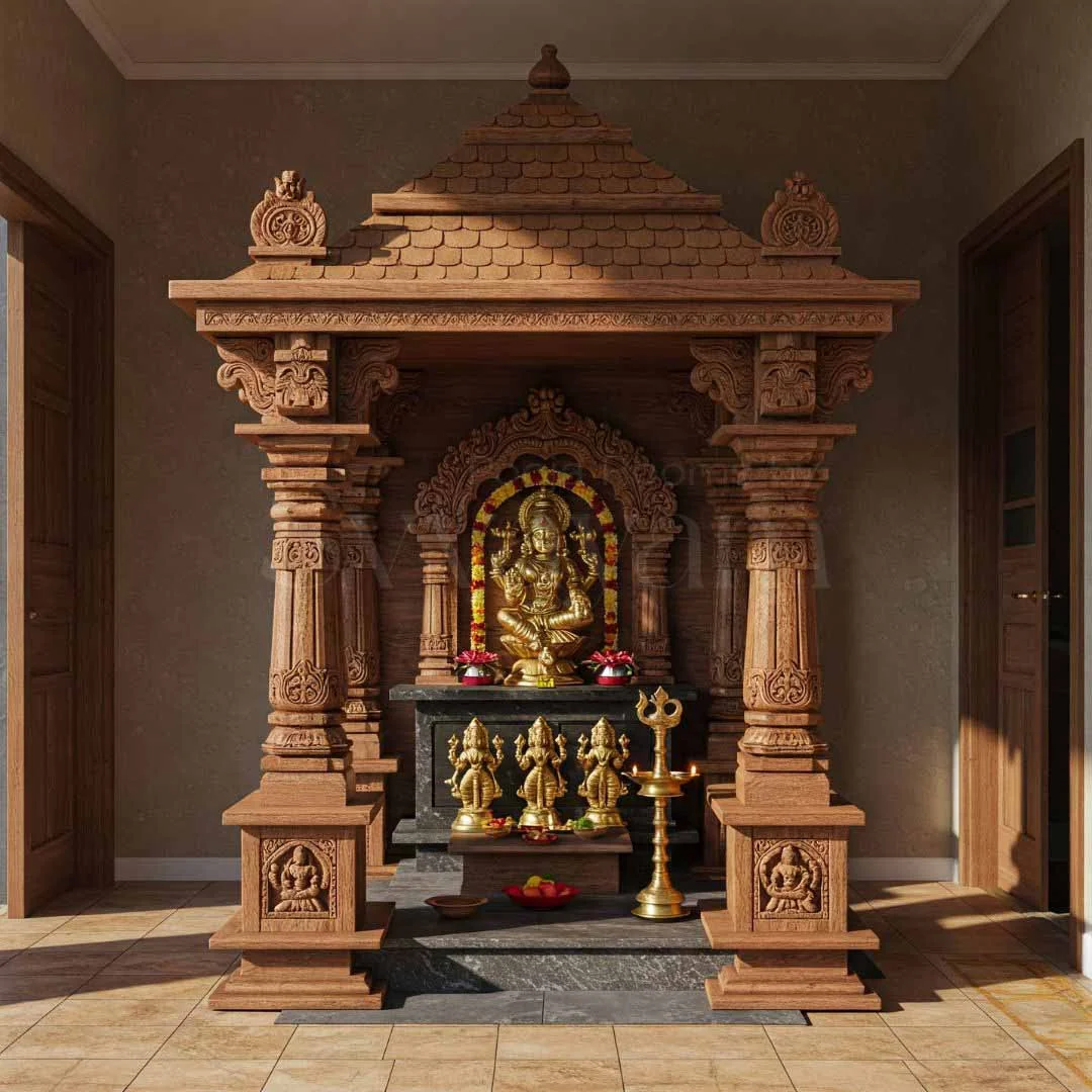 Pooja unit reference with carved top crown, lamp shelf and drawer base (reference 18)