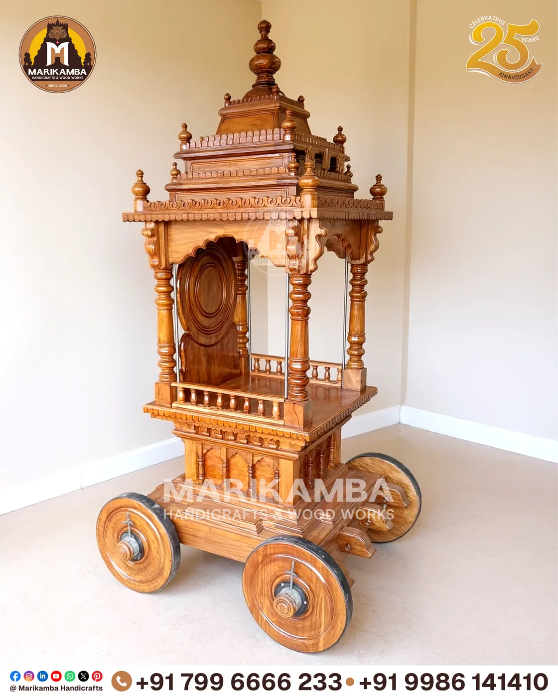 Full view of a processional temple chariot built for a Karnataka temple