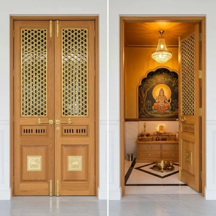 Carved wooden front door design reference with a decorated frame and lintel