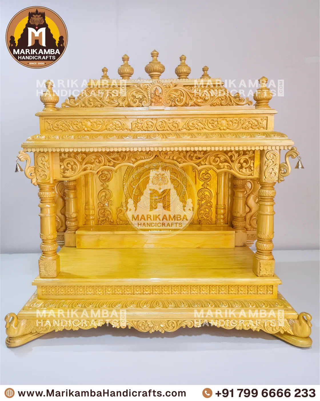 Full-height wooden mandir with stepped tower, side jaali panels and storage base — piece 109 of the collection