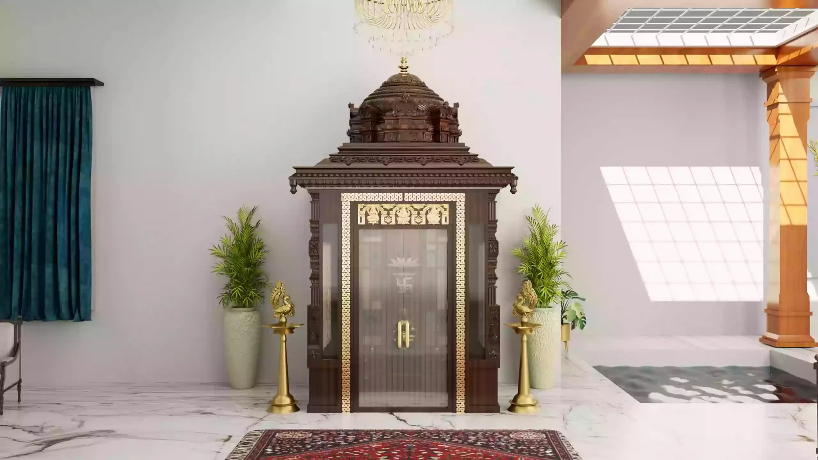 Walk-in pooja unit design reference with carved doors and internal shelving
