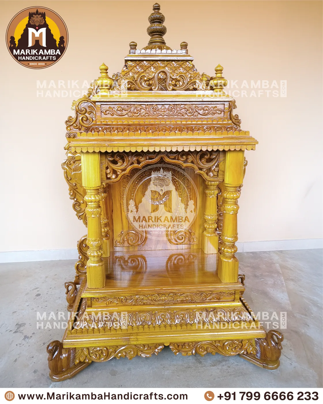 Wooden home mandir with turned pillars and a lotus-carved arch, made in Sirsi, Karnataka — piece 122 of the collection