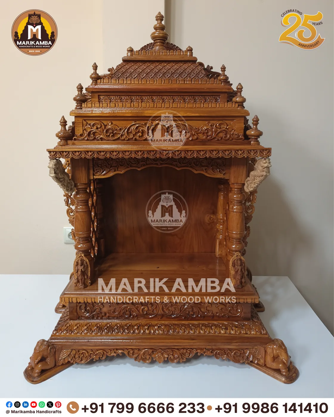 Full-height wooden mandir with stepped tower, side jaali panels and storage base — piece 49 of the collection