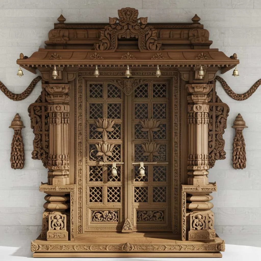 Wooden mandir design reference showing carved pillars, arch and base storage (reference 44)
