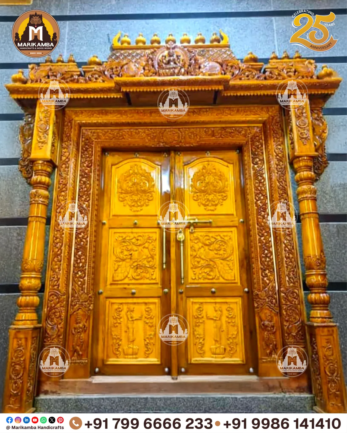Carved teakwood temple door with figures, lotus bands and heavy frame, made in Sirsi